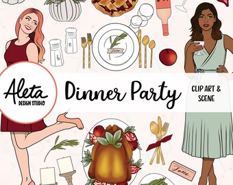 CENA - Dibujado a mano Digital Clip Art Artwork Planner Pegatinas Moda Chicas Acción de Gracias Otoño Cena fiesta comedor escena