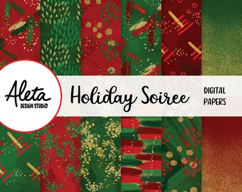 HOLIDAY SOIREE - Fiesta de Navidad Papeles digitales dibujados a mano Patrones Planificador Pegatinas Obras de arte pintura abstracta arte rojo verde oro brillo