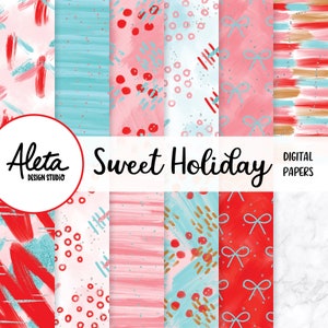 SWEET HOLIDAY - Hand Drawn Digital Papers Patterns Planner Stickers Artwork Christmas holiday red pink abstract painting art