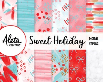 DULCES VACACIONES - Papeles digitales dibujados a mano Patrones Planificador Pegatinas Arte Navidad vacaciones rojo rosa pintura abstracta arte