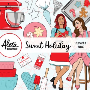 SWEET HOLIDAY - Hand Drawn Digital Clip Art Artwork Planner Stickers Fashion Girls Christmas Baking cookies red pink blue kitchen scene