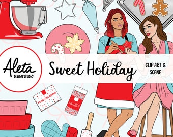 DULCE VACACIONES - Dibujado a mano Digital Clip Art Artwork Planner Pegatinas Moda Chicas Navidad Hornear galletas rojo rosa azul cocina escena
