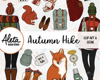 CAMINATA DE OTOÑO - Dibujado a mano Digital Clipart Ilustración Planificador Pegatinas Otoño Otoño Moda Chica Clip Art escena de la naturaleza