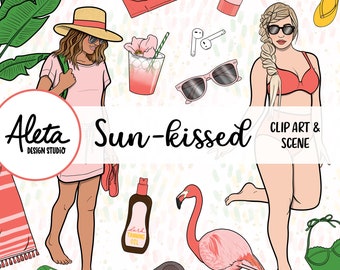BESADO POR EL SOL - Dibujado a mano Digital Clip Art Verano Primavera Vacaciones Vacaciones Tropicales Planificador Pegatinas Moda Chicas Piscina Escena Coral Rosa
