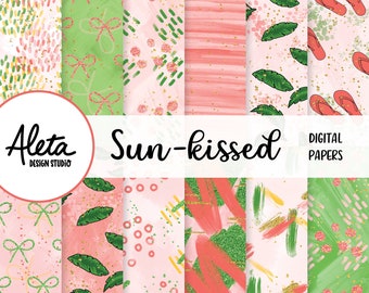 SUN-KISSED - Papeles digitales dibujados a mano Patrones Planificador Pegatinas Obras de arte Vacaciones de primavera Piscina de verano Vacaciones tropicales arte de pintura abstracta
