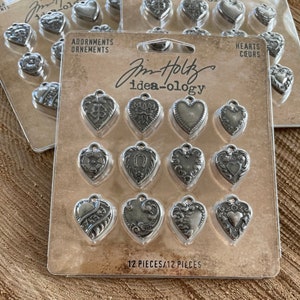 Idea-ology - Tim Holtz - Adornments - Hearts - Heart Charms for Jewelry, Collage, Mixed Media