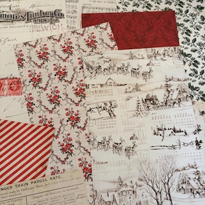 May include: A collection of decorative paper sheets featuring diverse prints including vintage musical scores, red floral patterns, a red and white striped design, a deep red damask, and a winter scene with reindeer and carriages.
