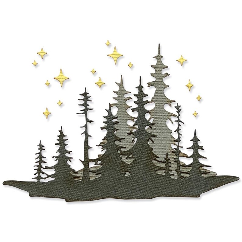 May include: Silhouette of a forest with multiple pine trees against a white background with gold stars.