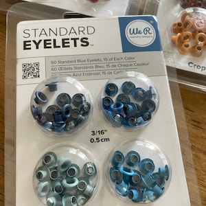 May include: A package of 60 standard blue eyelets, 15 of each color, for use with the Crop-A-Dile. The eyelets are 3/16 inch (0.5 cm) in diameter.