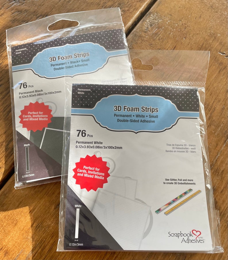 May include: Two packages of 3D foam strips, one black and one white. Each package contains 76 strips that are 3 inches long and 0.08 inches thick. The strips are perfect for cards, invitations, and mixed media.