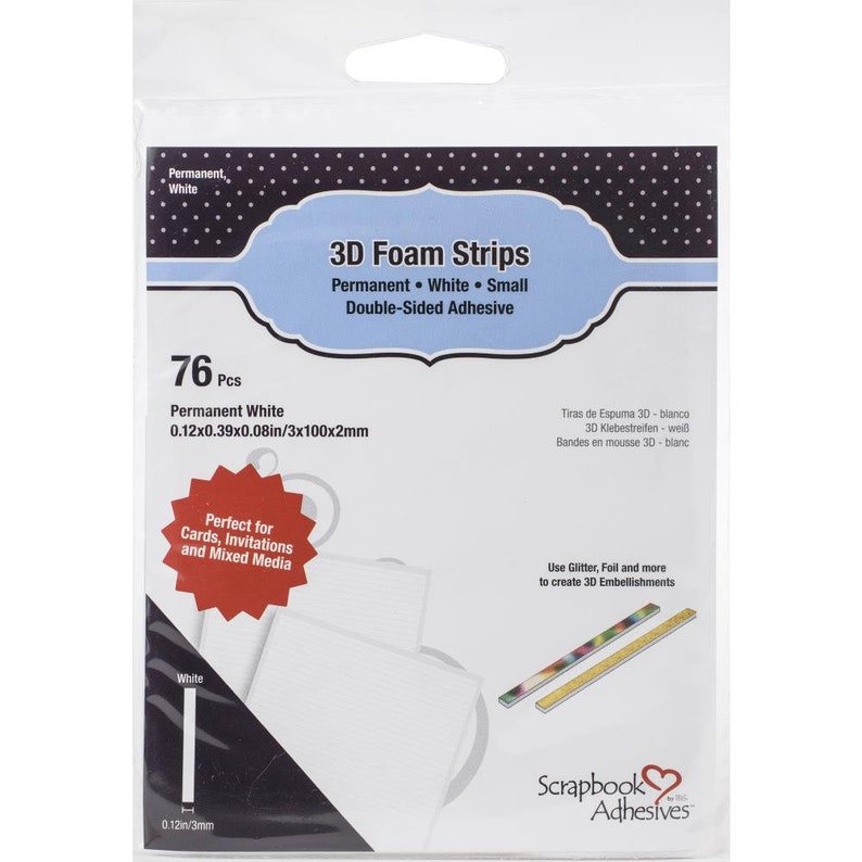 May include: Package of 76 white 3D foam strips, 0.12 x 0.39 x 0.08 inches in size. The strips are double-sided adhesive and perfect for cards, invitations, and mixed media projects. The package also includes the text "Scrapbook Adhesives".