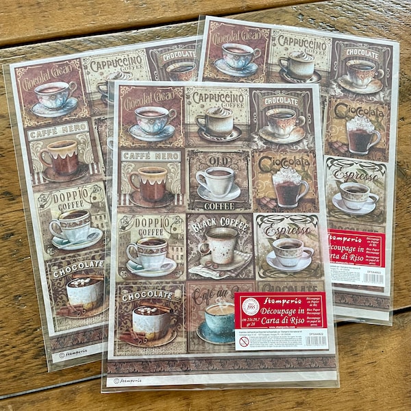 Coffee and Chocolate Tags with Cups Stamperia Rice Paper Sheet Decoupage Coffee Sheet