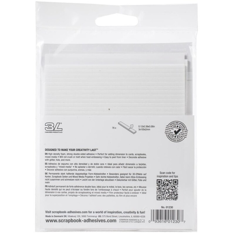 May include: A package of 76 white foam adhesive squares, designed to add dimension to crafts. The package is white with black text and a 3L logo. The text reads "Designed to make your creativity last." and "Visit scrapbook-adhesives.com for a world of inspiration, creativity & fun!"
