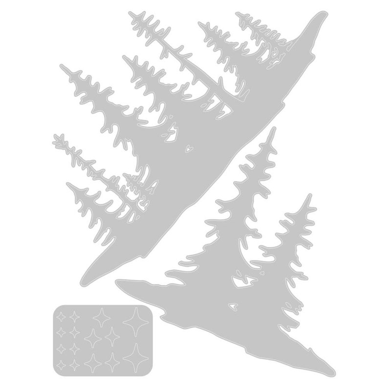 May include: A die-cut stencil featuring a design of multiple pine trees. The stencil is made of a thin, flexible material and is designed for use with craft projects.