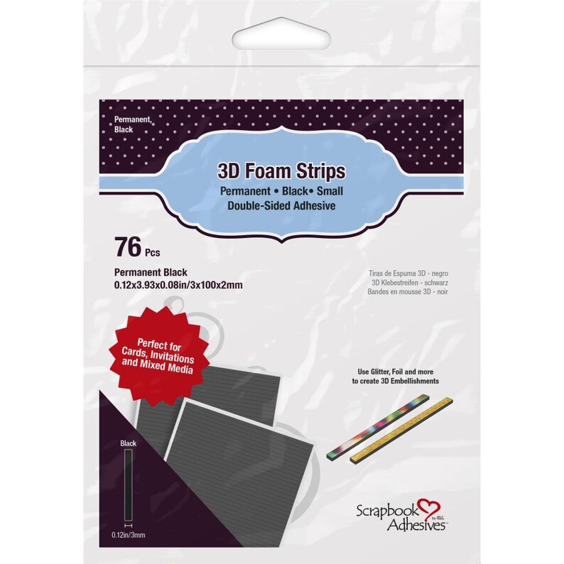 May include: Package of 76 black 3D foam strips, 0.12 inches by 3.93 inches by 0.08 inches, double-sided adhesive.  Perfect for cards, invitations, and mixed media.  Use glitter, foil, and more to create 3D embellishments.  Scrapbook Adhesives.