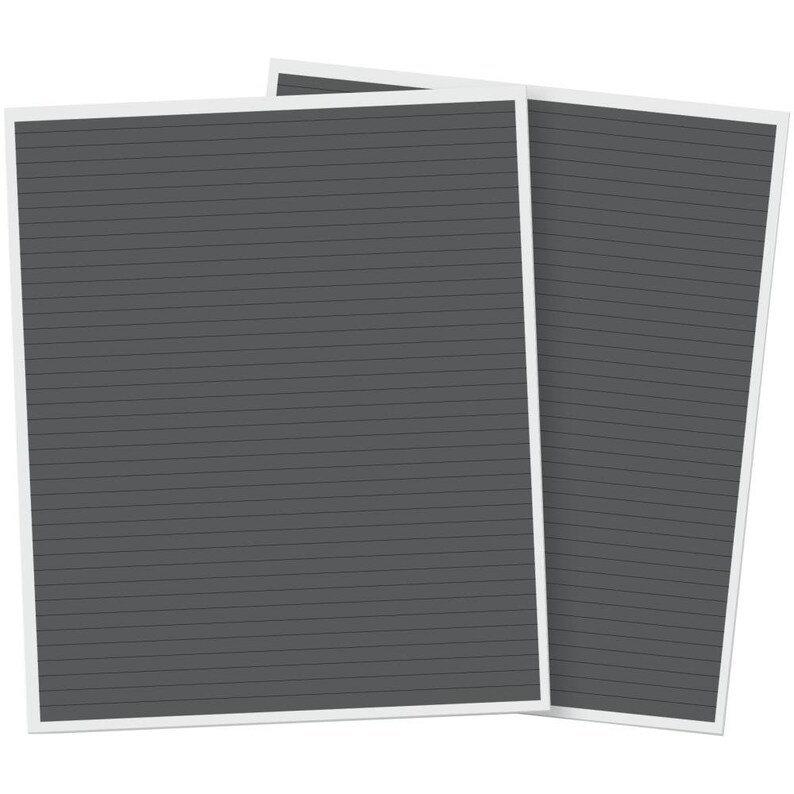 May include: Two sheets of lined paper with a white border. The paper is dark gray and has thin, evenly spaced lines.