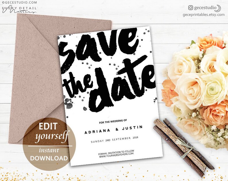 Digital Download GecePrintables #BBG Save The Date Printable Invitation Editable Template Modern Wedding Save The Date Card
