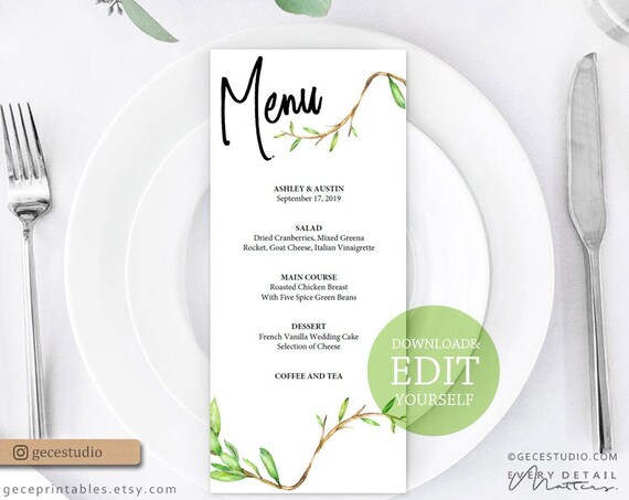 Greenery Wedding Menu Template Editable Pdf Printable Menu Etsy