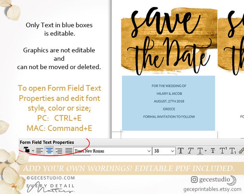 Digital Download GecePrintables Gold Save The Date Editable Template Printable Save The Date invite PDF
