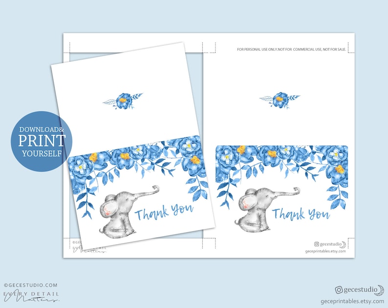 Digital Download Elephant Thank You Blue Printable Thank You Note Baby Boy Shower Games Blue Little Peanut GecePrintables #BBE