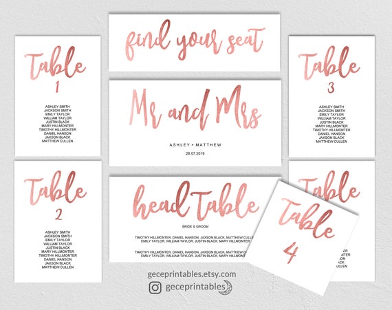 rose gold seating chart template wedding printable seating etsy