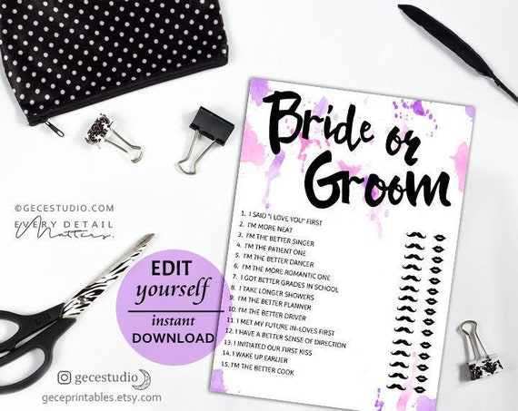 Bride Or Groom Game Editable Bridal Shower Games Purple He Said