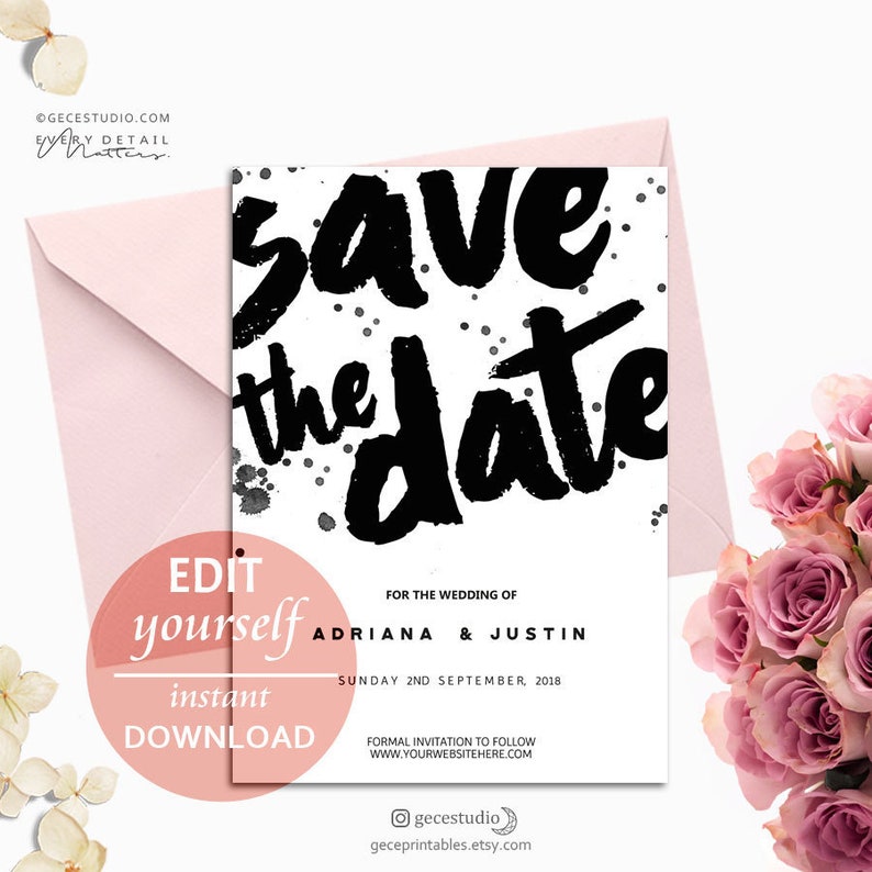 Digital Download GecePrintables #BBG Save The Date Printable Invitation Editable Template Modern Wedding Save The Date Card