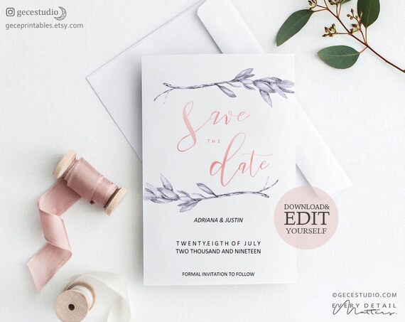 Save The Date Editable Template Printable Wedding invitation Blush Pink Modern Boho Rustic - Digital Download - GecePrintables Il_570xn