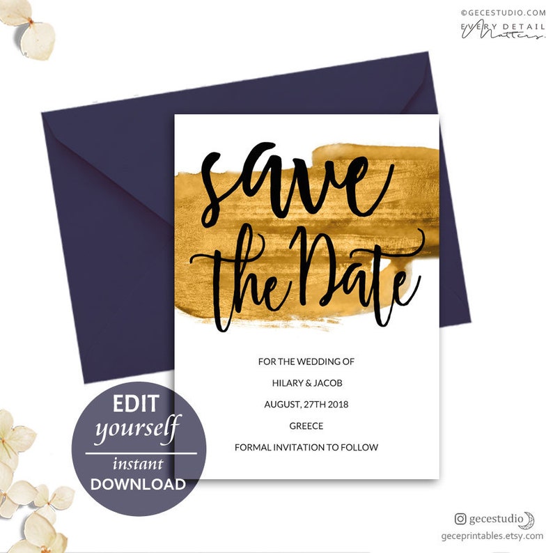 Digital Download GecePrintables Gold Save The Date Editable Template Printable Save The Date invite PDF