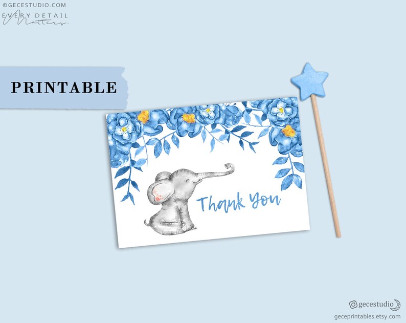 Digital Download Elephant Thank You Blue Printable Thank You Note Baby Boy Shower Games Blue Little Peanut GecePrintables #BBE