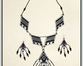 Black and Silver Bib Necklace and Earrings