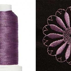 May include: A spool of purple thread and a floral embroidery design. The thread is a solid, deep purple color, and the embroidery features a daisy-like flower with a textured center and petal design. The embroidery is on a black background.