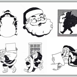 May include: Black and white illustrations of Santa Claus in various poses. One image shows Santa carrying a bag, another shows Santa reading a letter, and another shows Santa with a beard and hat.