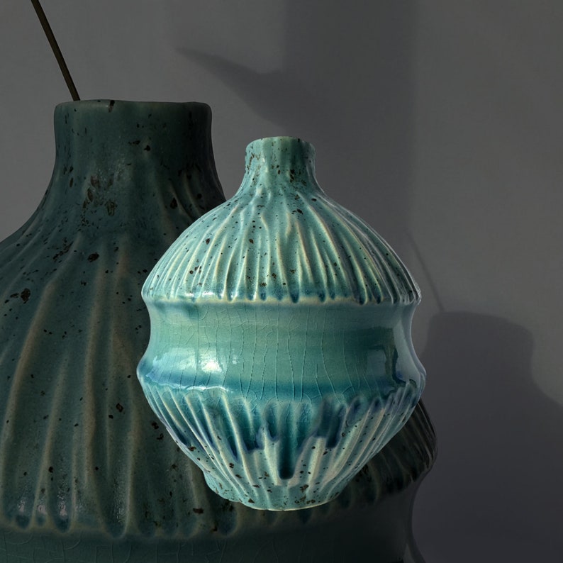 Blue ceramic vase, tiny vase, small flower vase, clay vase, pottery vase, japanese vase, pet whiskey vase, glass vase, office decor, blue image 1