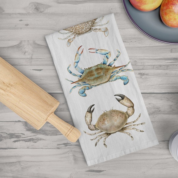 Coastal Crab Tea Towel, Crab kitchen towel, Low-country crab kitchen hand towel, Beach house kitchen decor, Blue crab watercolor