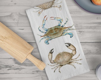 Toalla de té de cangrejo costero, Toalla de cocina de cangrejo, Toalla de cocina de cangrejo de campo bajo, Decoración de la cocina de la casa de playa, Acuarela de cangrejo azul