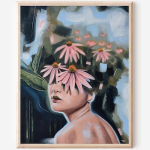 May include: An original painting in a wooden frame. The artwork features a person with pink flowers covering their eyes. The background has blue, green, and white brushstrokes. The painting has a surreal and dreamlike quality.