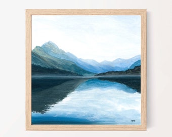 Mountain Morning Watercolor Print, Mountain wall art, Watercolor print, Watercolor painting, Minimalist wall art, Lake art