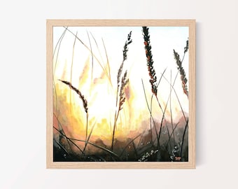 Sunset Field Watercolor Print, Mountain wall art, Mountain art, Watercolor print, Watercolor painting, Minimalist wall art, flower field art