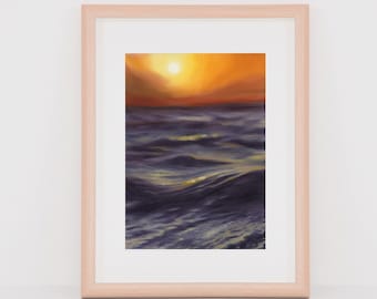 Beach sunset Print, Ocean sunset wall art, Ocean waves print, wave art, wave oil painting, Sunset landscape art, coastal landscape print