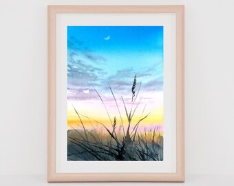 Dune Sunset Watercolor Print (5x7 inches), Coastal print, Ocean watercolor, Dune painting, Ocean wall art, Beach watercolor, Sea grass