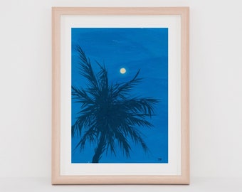 Palm Tree Watercolor Print (5x7 inches) Beach print, Ocean watercolor, Palm tree painting, Moon painting, Moon wall art, Coastal wall art