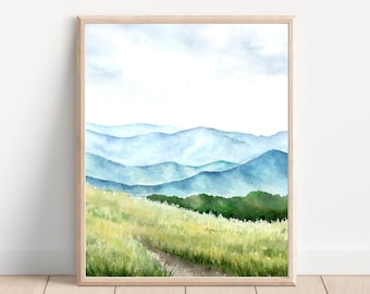 Mountain Watercolor Print Digital Download, NC mountain watercolor print, Maxx Patch watercolor, Blue ridge mountains watercolor