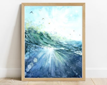 Ocean Sunburst Watercolor Print, Ocean wall art, Ocean art, Watercolor print, Watercolor painting, Beach wall art, Beach decor, wave art