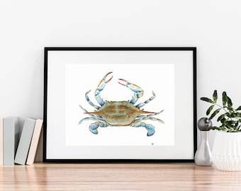 Blue Crab Watercolor Print, Crab painting, Crab wall art, Beach house wall art, Coastal decor, Crab art, Beach Painting, Ocean watercolor