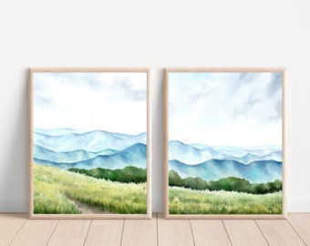 Mountain Watercolor wall art Set, Blue ridge mountain watercolor painting, Mountain painting set, Nursery watercolor art set