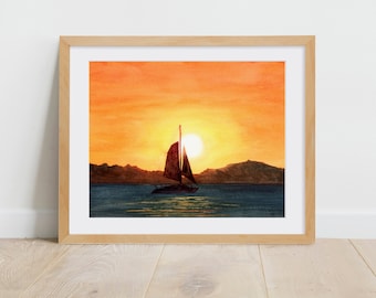 Golden Hour Sail Watercolor Print, Sailboat print, Sailboat nursery wall art, Sailing decor, Coastal painting, sailboat painting, beach art