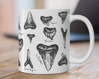 Shark Tooth Mug (11oz) Coastal coffee cup, Shark coffee cup, Shark mug, Shark tooth print, gift for shark lovers, marine biology mug