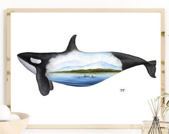 Orca Mountain Print, Ocean Painting, PNW Painting, Watercolor, Mountain, Whale Art, Whale Painting, Pacific Northwest, Ocean Art