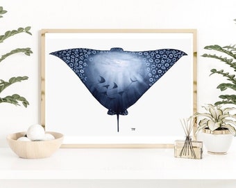 Spotted Eagle Ray Print, Stingray print, stingray Art, Coastal wall art, beach house wall art, ocean animal nursery art, ocean print